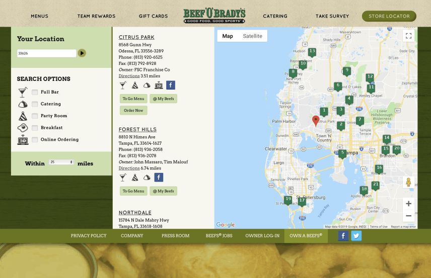 Beef 'O' Brady's Website Store Locator
